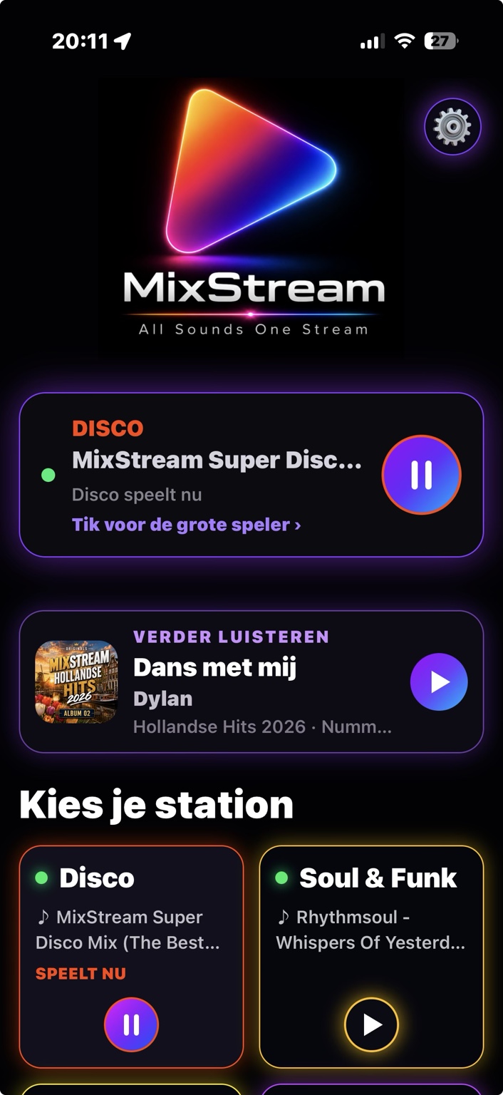 MixStream Radio startscherm met radiostations